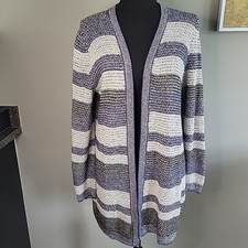 Westport 1962 Women's Open Front Sweater Cardigan Blue Beige Metallic Stripe M