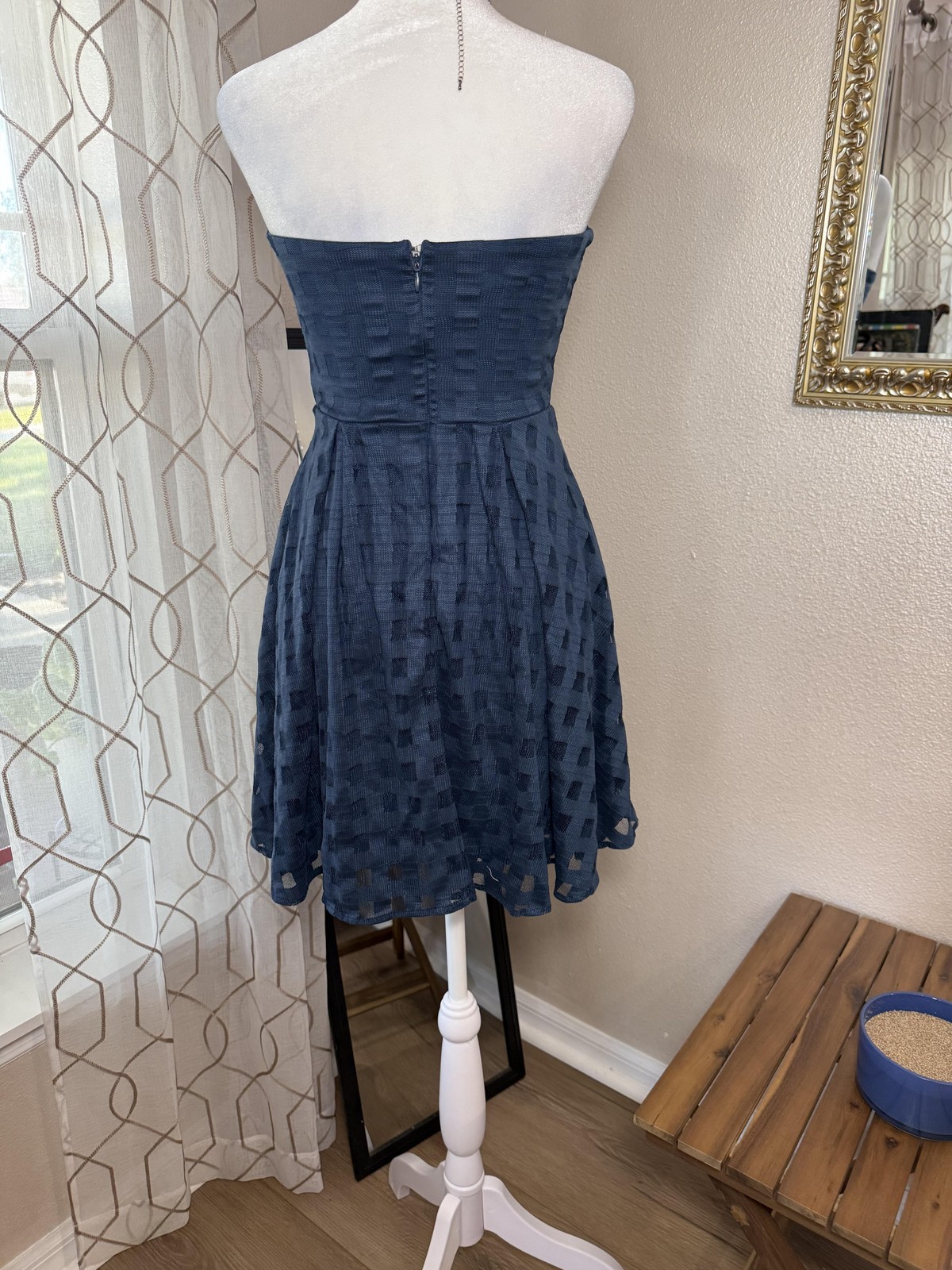 Bongo Dress Womens Small Blue Strapless Sweetheart Fit & Flare Mesh Skater