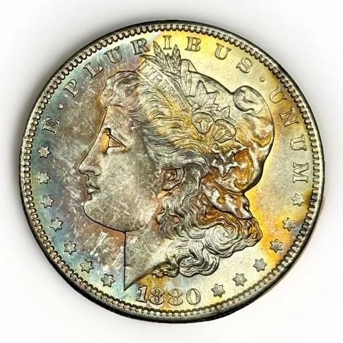 1880-S $1 Morgan Silver Dollar Monster Rainbow Toning BU Brilliant Uncirculated