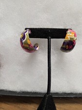 Vtg mix color enamel floral design pierced hoop Earrings
