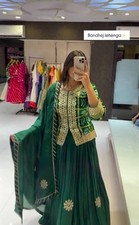 Traditional Wear Green Chinnon Silk Top Lehenga With Dupatta For Women