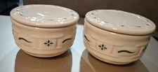 Set of 2 Longaberger Pottery Woven Traditions Green Stackable Ramekins With Lids