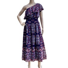Vince Camuto Womens Size 4 Navy Floral One Shoulder Smocked Ruffle Midi Dress