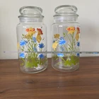 Vintage Anchor Hocking Clear Glass Canister Jar Set Of 2 Bubble Lid Wild Flowers