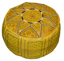 Pouf Moroccan Hassock Poof Handmade Leather Ottoman Footstool Medium Yellow