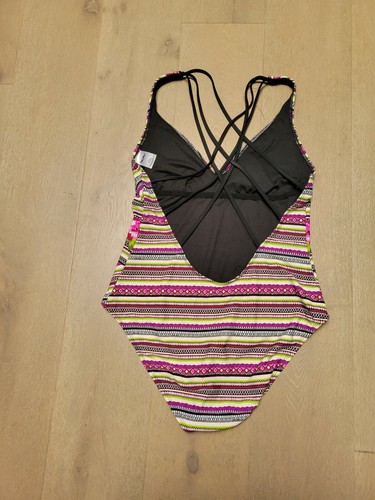 Mossimo Swimsuit Large One Piece Multicolor Floral Striped Strappy Back V-Neck - Picture 7 of 9