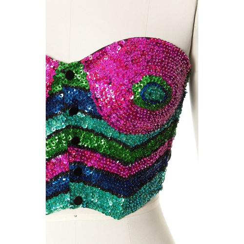 Vintage 1980s 1990s Bustier Sequin Beaded Striped Strapless Party Crop Top - Picture 7 of 10
