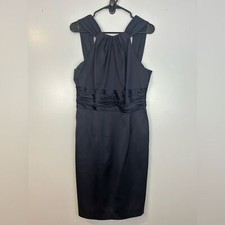 David Meister Navy Blue Satin Sleeveless Rushced Halter Sheath Dress Size 12