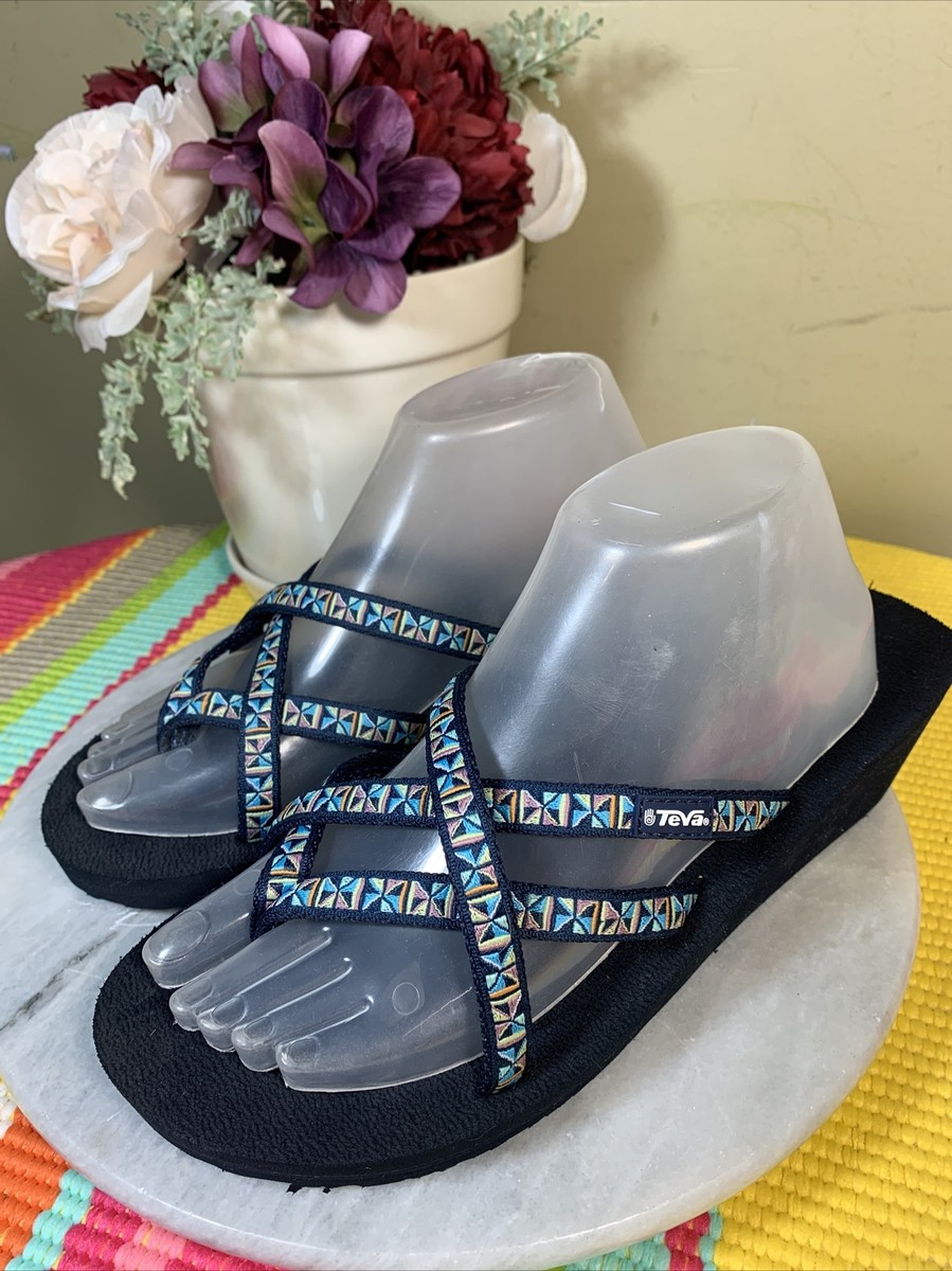 Women's TEVA MUSH Blue Strappy Multicolor Sandals Flip Flop Black