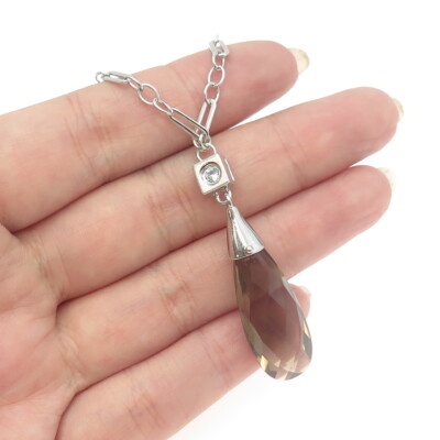 ELLE 925 Sterling Silver Real Smoky Quartz White Topaz & Ruby Gem Necklace 18''