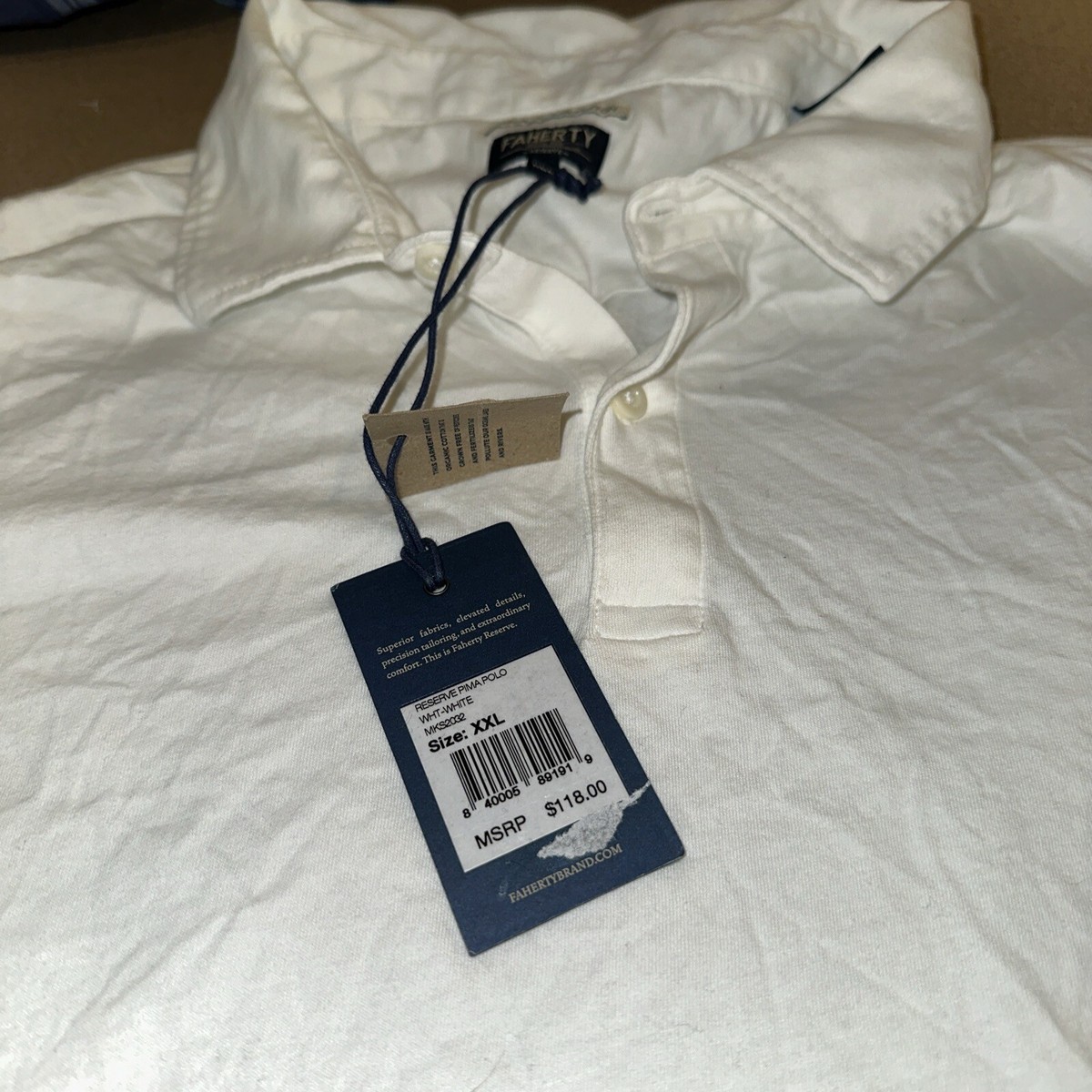 Faherty Reserve Organic Pima Cotton Polo Shirt White XXL MKS2032