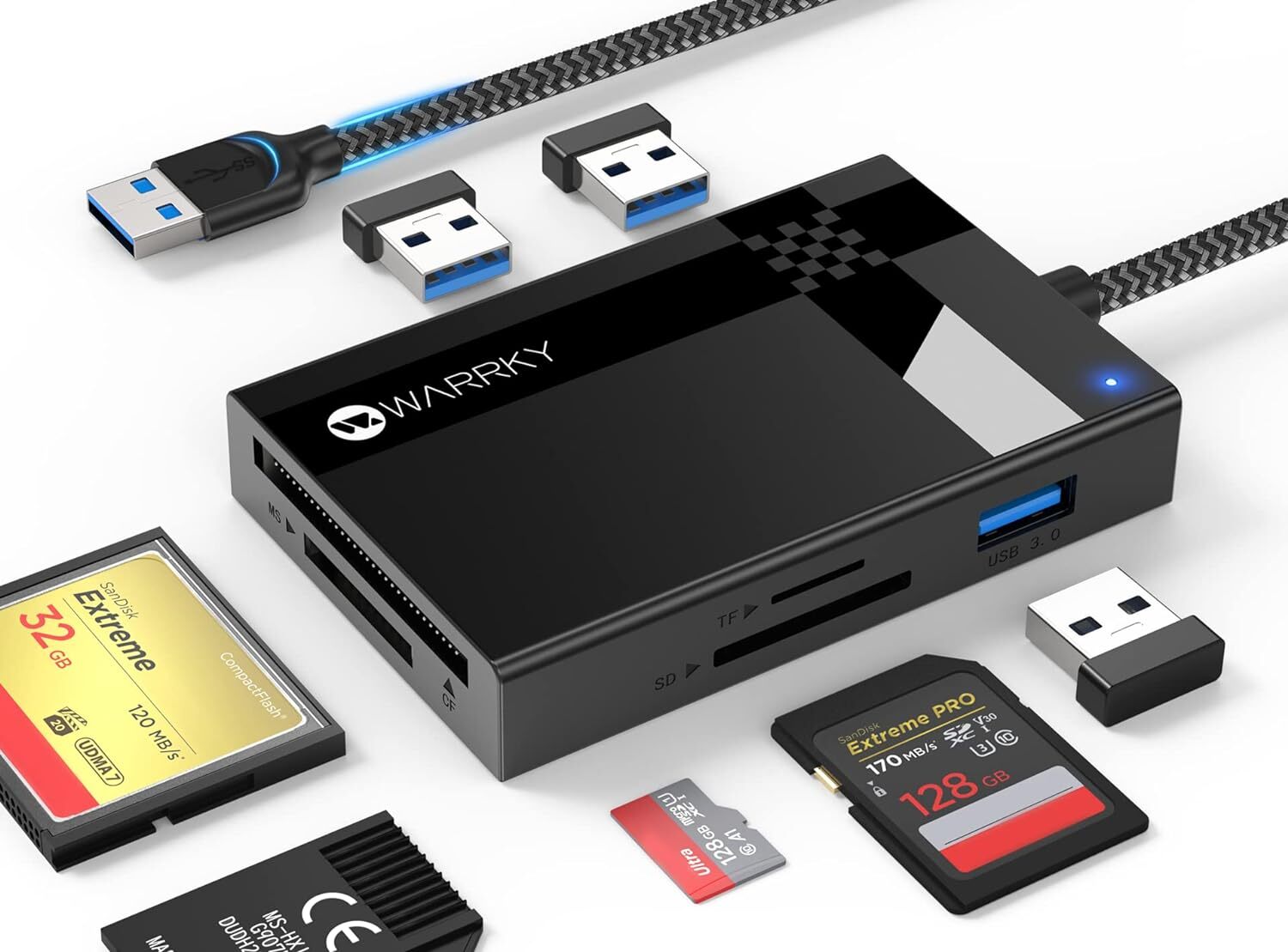 Warrky 7-in-1 SD Card Reader Hub with 3 USB 3.0 Ports & 4 Memory Card Slots-image
