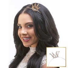 Crystal Mini Crown Headband Womens or Girls Gold Tone Headpiece One Size
