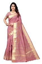 Women's Cotton Silk With Golden Border Thread Embroidered Saree With Blousepiece