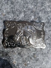 horse head through horseshoe silver tone belt buckle