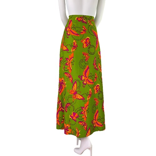Psychedelic Maxi Skirt VTG 1960s 70s Hippie Womens L Trippy Dayglo Butterfly EUC - Picture 5 of 12