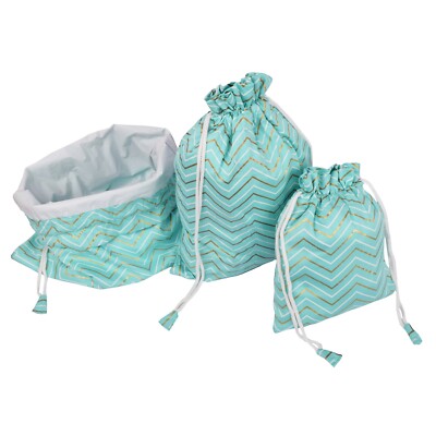 Set of 3 Handmade zigzag Drawstring Bag Travel Pouch, fabric bag, Gift, storage