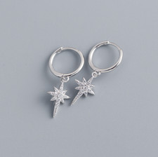 Women 925 Sterling Silver Star CZ Huggie Small Hoop Earrings 12mm Gift Box PE47