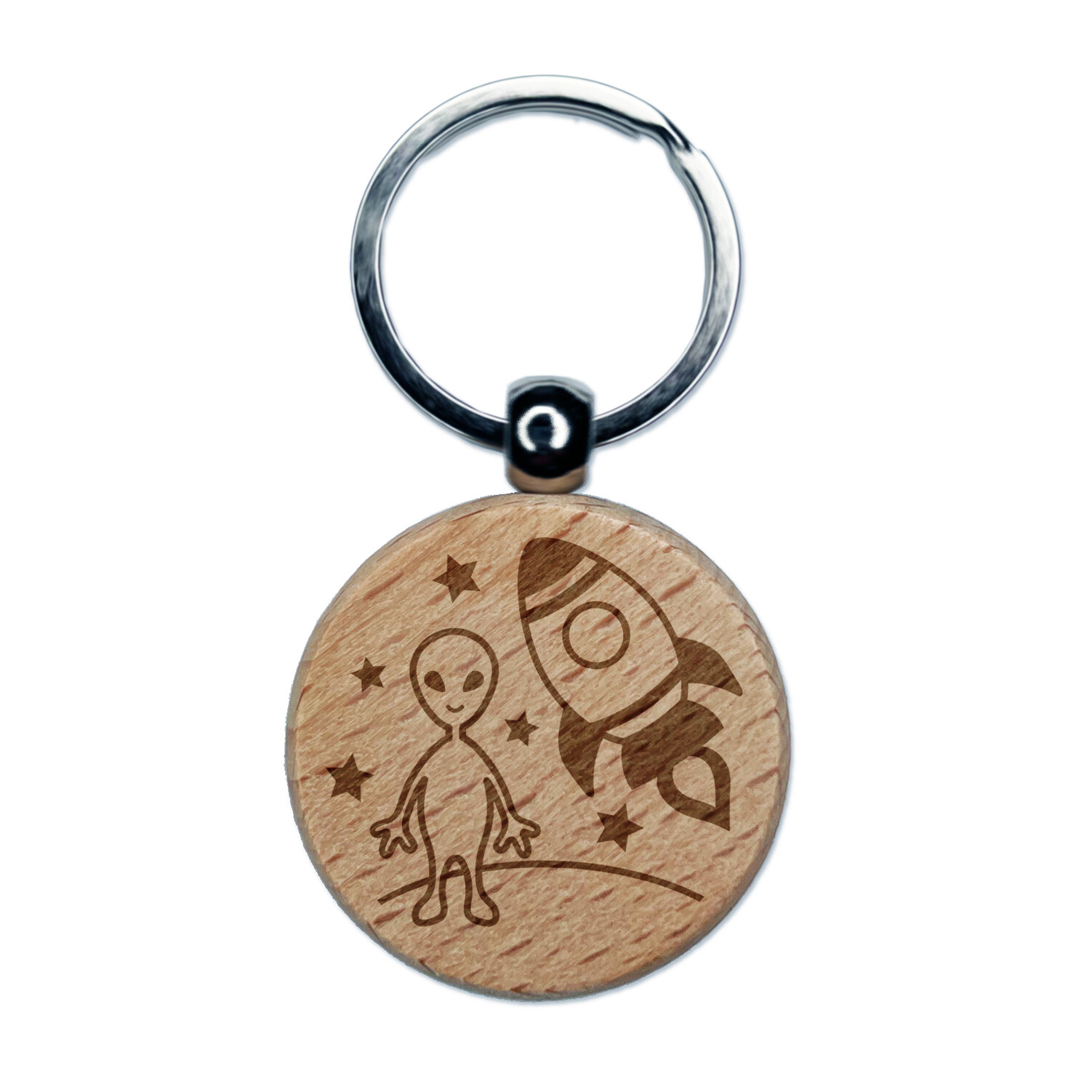 Alien and Rocket Space Engraved Wood Round Keychain Tag Charm