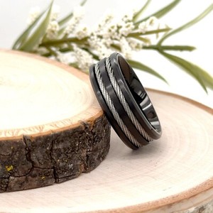 8mm Black Titanium Engraved Band Silver Rope Inlay Modern Ring personalized Ring
