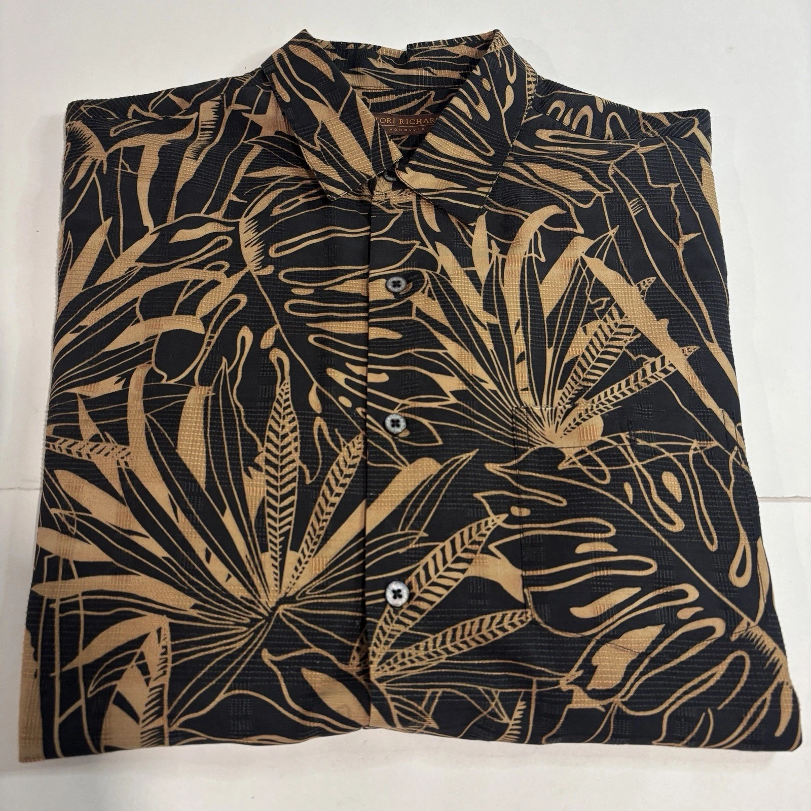 Tori Richard Silk Blend Palm Tree Button Down Black Hawaiian Shirt Men's Size XL