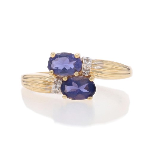 Yellow Gold Iolite Diamond Ring - 14k Oval .58ctw Two-Stone Bypass