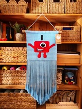 Number 1 Macrame Wall Hanging Blue Cotton Pixel Art 1st Birthday Nursery Decor