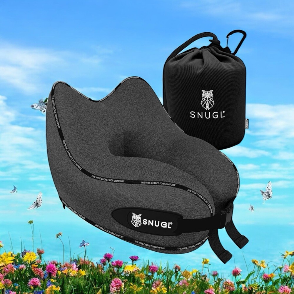SNUGL Memory Foam Travel Pillow Neck Support Cushion for Adults Grey