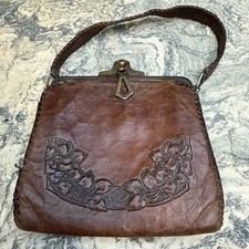 Antique Vintage Art Deco - Snap Lock Tooled Leather Small Purse Handbag 1900's