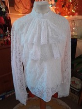 Vintage White Nylon Lace Frill Front Blouse Victorian Edwardian Steampunk 36"