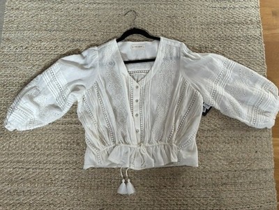 NWT Lucky Brand boho drawstring blouse off white eyelets womens size M