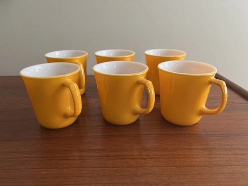 Set of 6 VTG Corning Milk Glass Maize Yellow Orange Coffee Cups Mugs D Handle