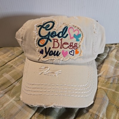 (NEW) KBETHOS VINTAGE DISTRESSED HAT CAP GOD BLESS YOU TAN