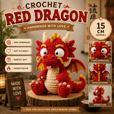 RED CROCHET DRAGON   15 cm Handmade Amigurumi Plush  Cute Fantasy Dragon Toy 