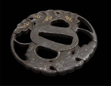 Japanese Tsuba Sword Guard Iron Antique Katana Oak Leaf Design Ornament Interior