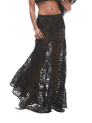 New Fashion Lace Maxi Skirts Women High Waist See Through Elegant Long Skirt Ver