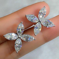 Diamond Flower Stud Earrings Marquise 2Ct Lab Created 14K White Gold Finish