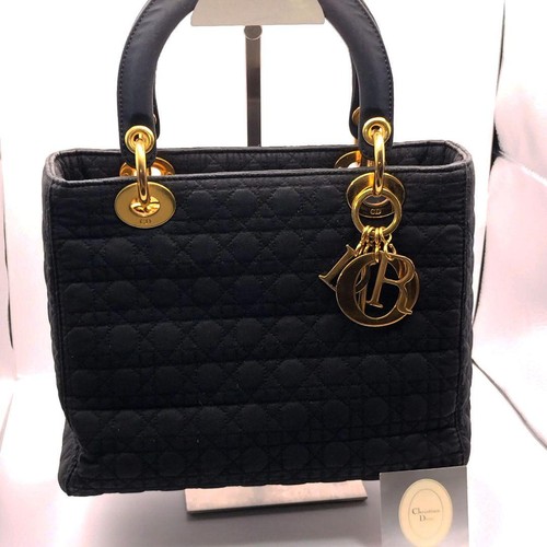 Christian Dior Lady Dior Cannage Hand Bag Canvas Black Gold Auth Good
