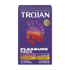 Trojan Pleasure Pack Assorted Lubricated Latex Condoms 12 Ct + Brass Pocket Case