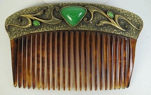 Awesome 1900's Antique Arts & Craft Copper-Bronze w/Green Glass Stones Hair Comb