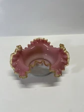 Antique Victorian Pink Cased Glass Ruffled Bowl w/ Amber Edge – Circa 1890–1910