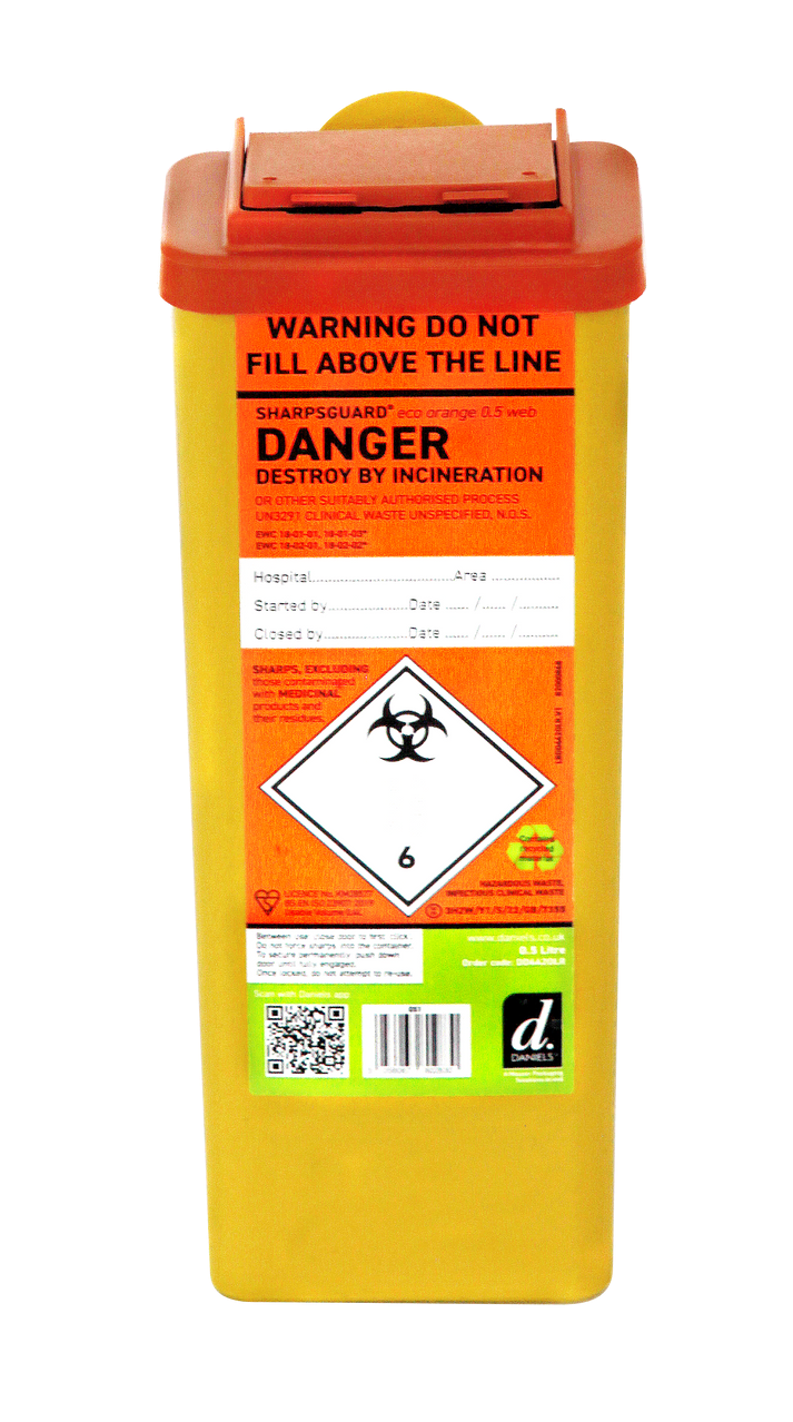 SHARPSGUARD Orange Lid 0.5 Ltr Sharps Bin with Needle Remover