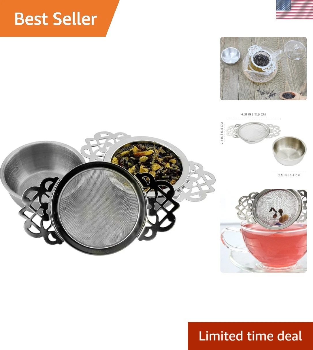 Empress Stainless Steel Tea Strainers Set of 2 with Drip Bowls - Elegant Design