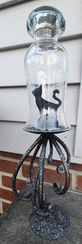 Vintage Etched Upcycled Glass Cloche On Metal Stand W/ Cat Inside