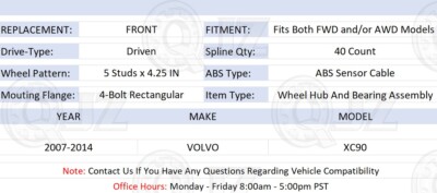 FRONT(Qty.1)] HA590312 New Wheel Hub Assembly for 2007-2014 Volvo