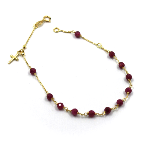 BRACCIALE IN ORO GIALLO 18K 750, ROSARIO, RUBINO ROSSO DA 3 MM, CROCE E MEDAGLIA - 第 1/8 張圖片