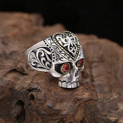 Men's Gothic Sugar Skull Skeleton 925 Sterling Silver &Brass