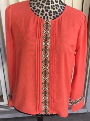 Needle & Thread Boho Top Embroidered Detail Long Sleeve Sheer Orange Small