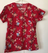 Life Uniform Womens Christmas Scrub Top Reindeer Red Size Small With Pockets