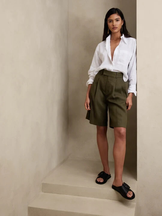 Banana Republic 8P Palma Linen Bermuda Short 8 Petite Green